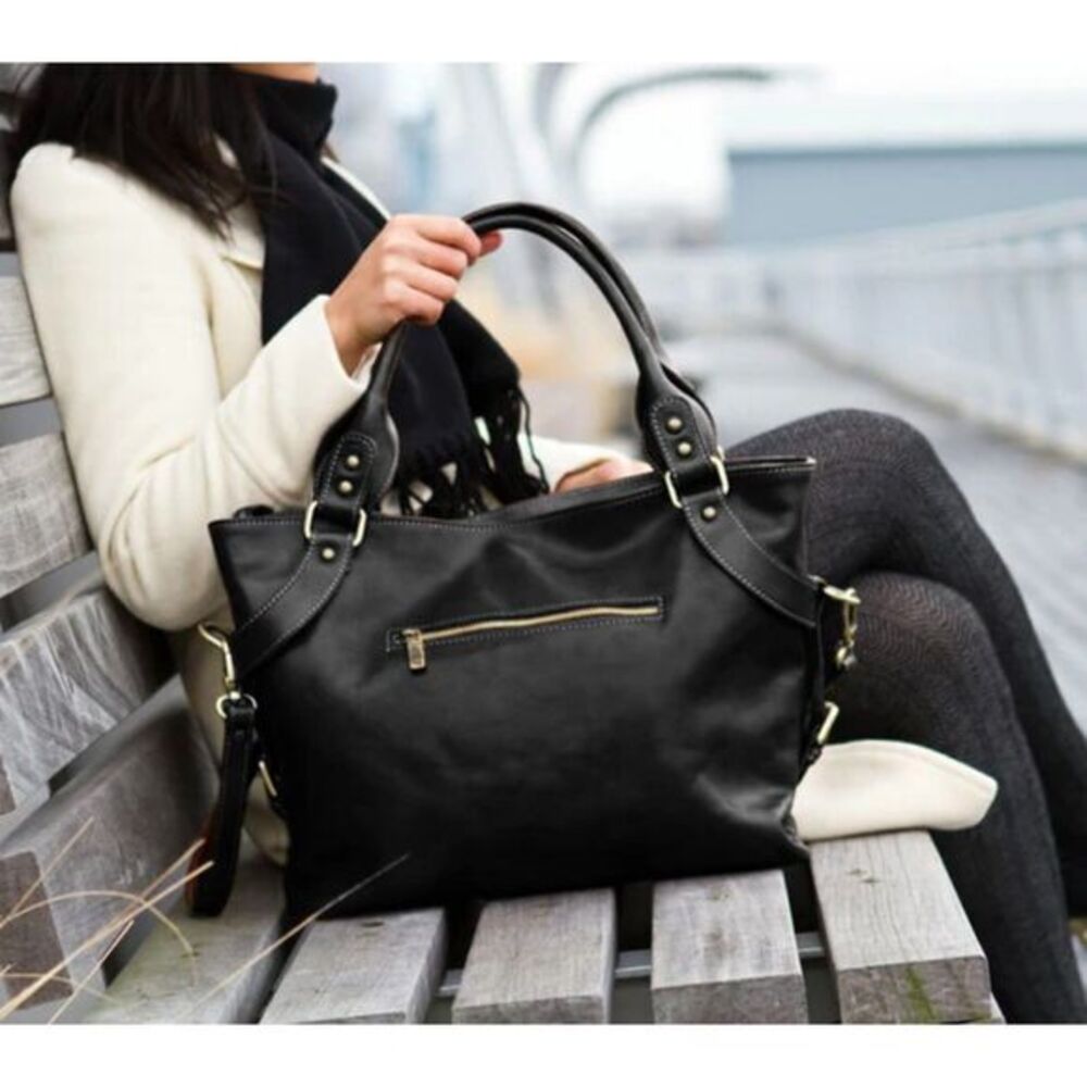 Black Leather Tote Bag with Gold Accents - Women